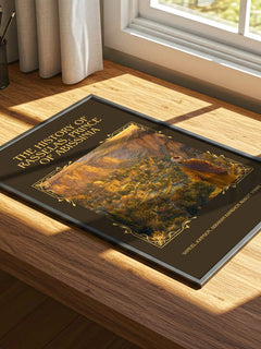 The History of Rasselas, Prince of Abissinia Classic Book Art Print by Samuel Johnson, Abraham Raimbach, Robert Smirke – print on a sunlit desk