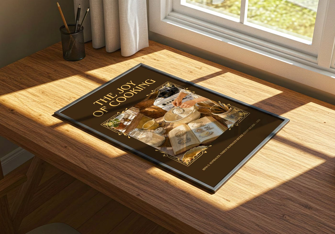 Joy of Cooking Classic Book Art Print by I. Becker – print on a sunlit desk
