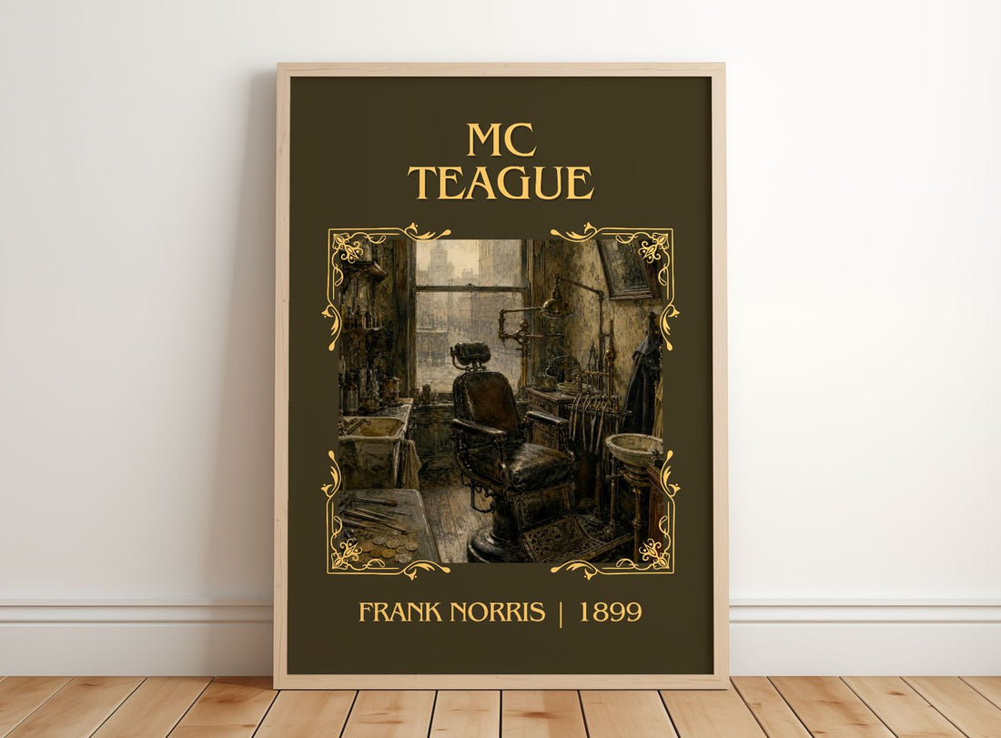 Mc Teague Classic Book Art Print by Frank Norris – framed print leaning on a wooden floor