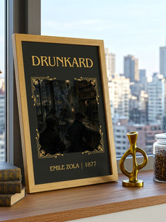 Drunkard Classic Book Art Print by Émile Zola – framed print on a city-view windowsill