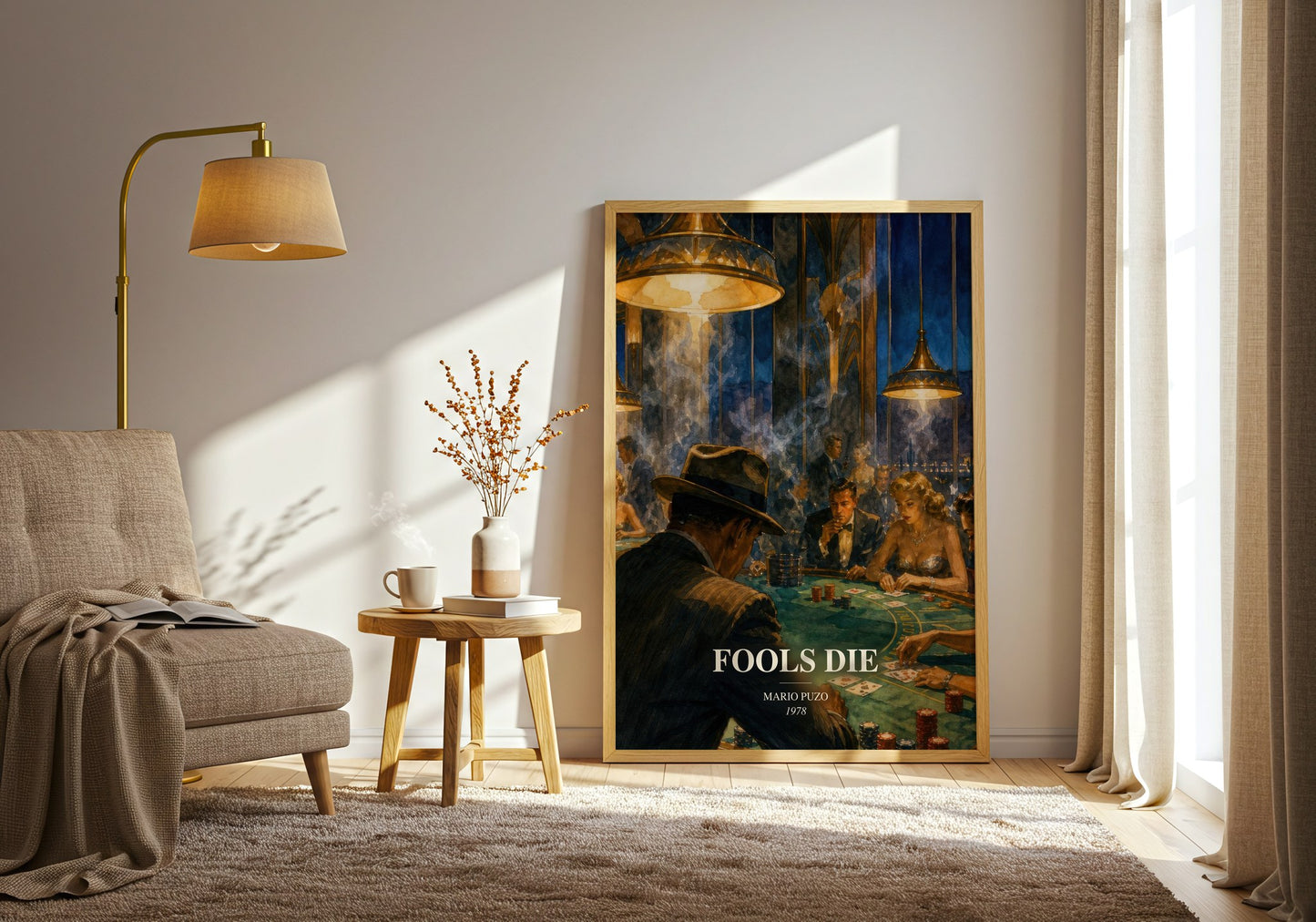 Fools Die watercolour print in frame leaning in hallway – crime wall art