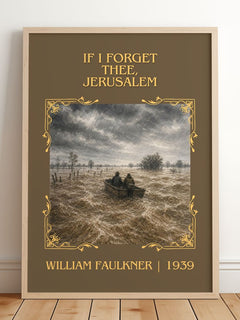 If I Forget Thee, Jerusalem Classic Book Art Print by William Faulkner – framed print leaning on a wooden floor