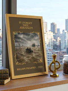If I Forget Thee, Jerusalem Classic Book Art Print by William Faulkner – framed print on a city-view windowsill