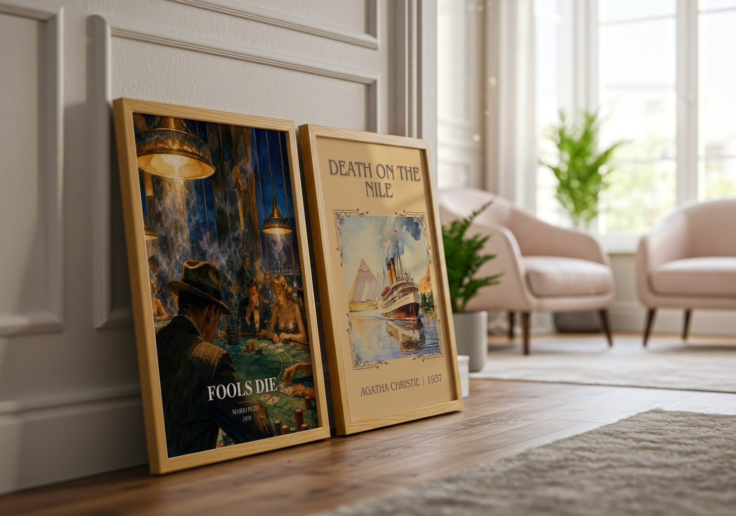 Fools Die watercolour print framed by window – literary home decor