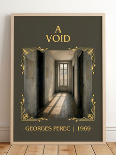 A Void Classic Book Art Print by Georges Perec – framed print leaning on a wooden floor