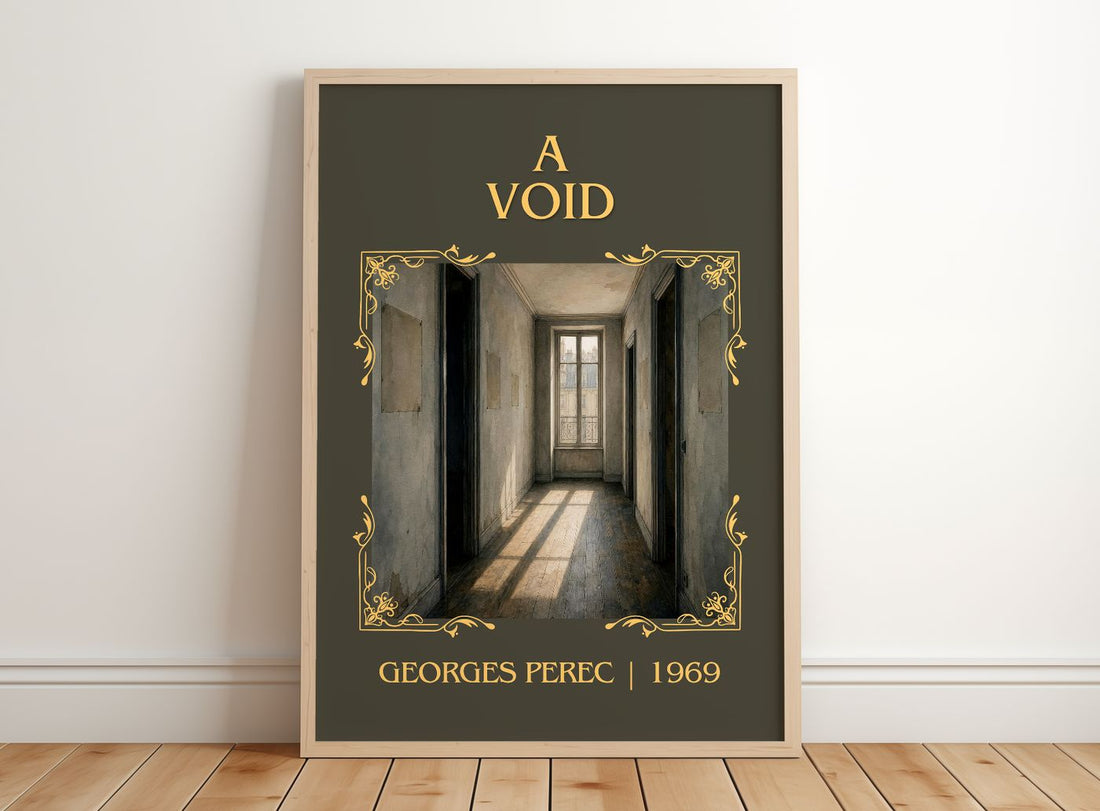A Void Classic Book Art Print by Georges Perec – framed print leaning on a wooden floor