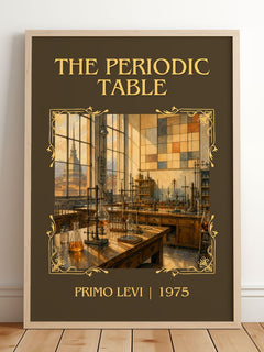 The Periodic Table Classic Book Art Print by Primo Levi – framed print leaning on a wooden floor