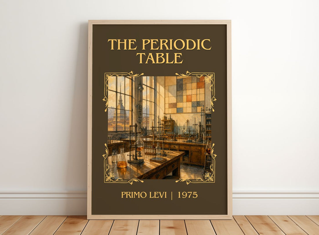 The Periodic Table Classic Book Art Print by Primo Levi – framed print leaning on a wooden floor