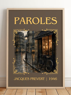 Paroles Classic Book Art Print by Jacques Prévert – framed print leaning on a wooden floor