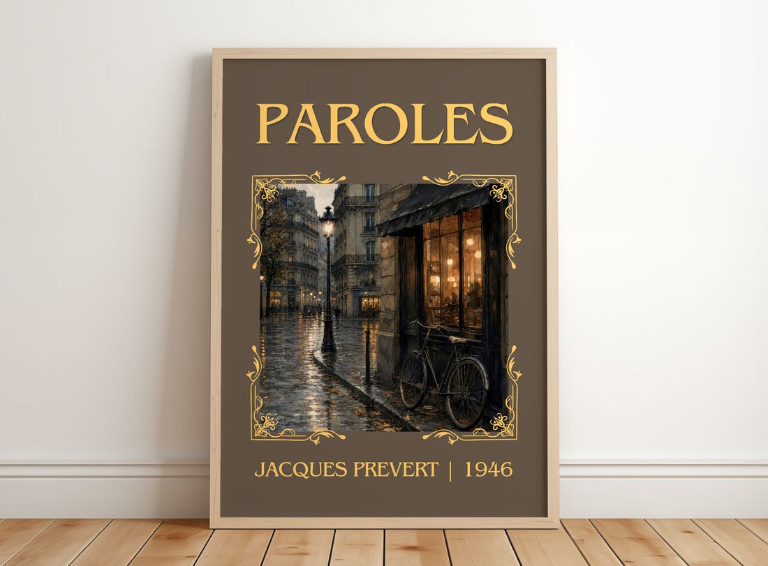 Paroles Classic Book Art Print by Jacques Prévert – framed print leaning on a wooden floor