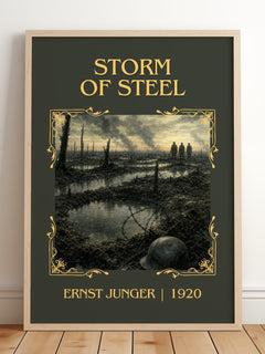 Storm of Steel Classic Book Art Print by Ernst Jünger – framed print leaning on a wooden floor
