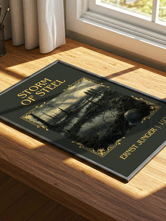 Storm of Steel Classic Book Art Print by Ernst Jünger – print on a sunlit desk