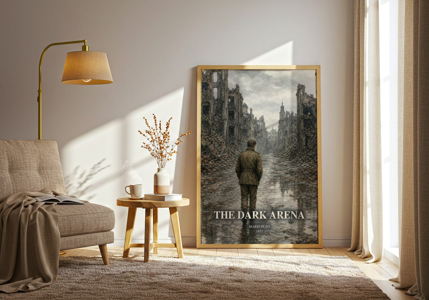 The Dark Arena watercolour print in frame leaning in hallway – literary fiction wall art