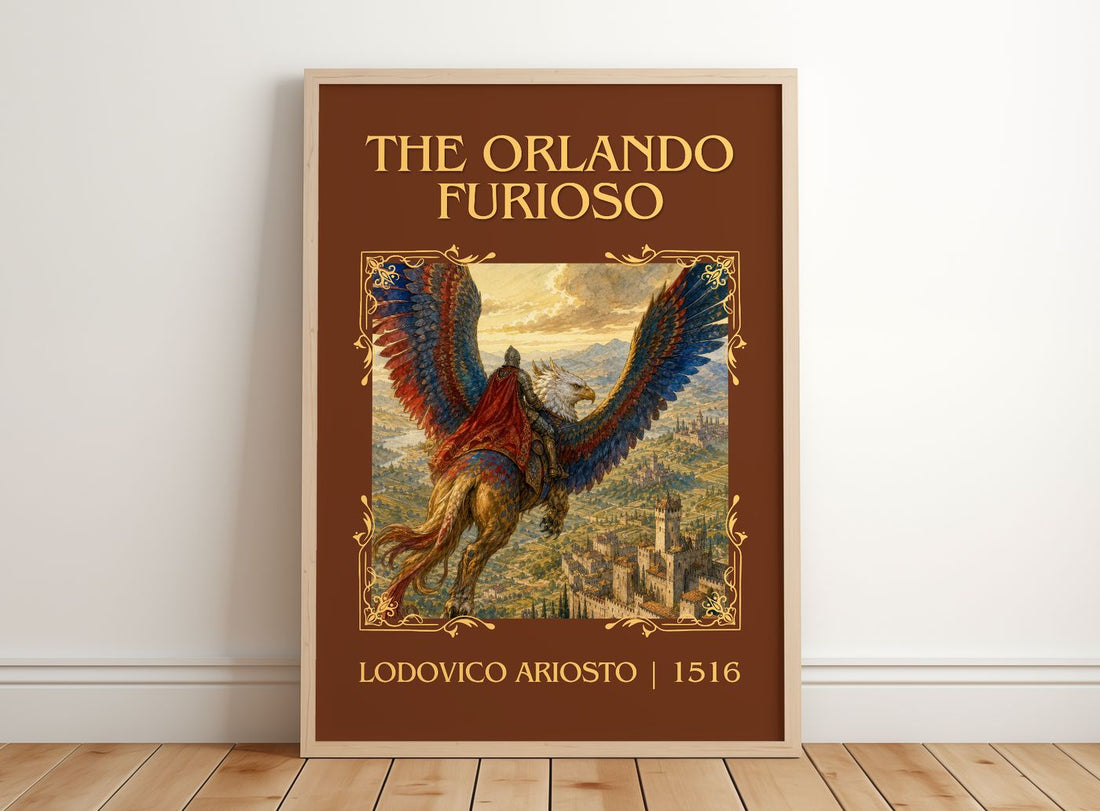 The Orlando Furioso Classic Book Art Print by Lodovico Ariosto – framed print leaning on a wooden floor