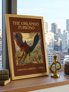 The Orlando Furioso Classic Book Art Print by Lodovico Ariosto – framed print on a city-view windowsill