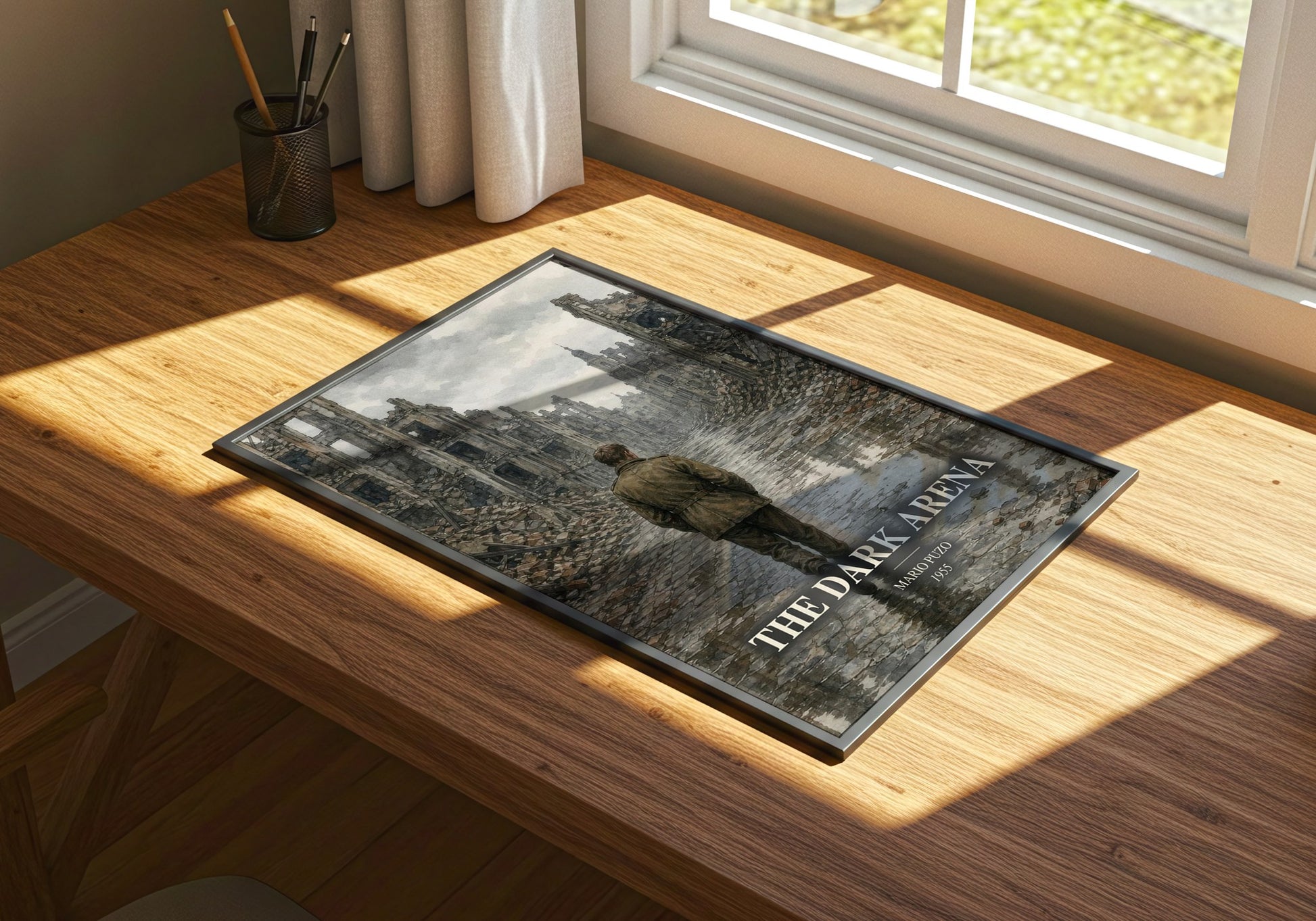 The Dark Arena watercolour book poster framed on wall – literary fiction wall art