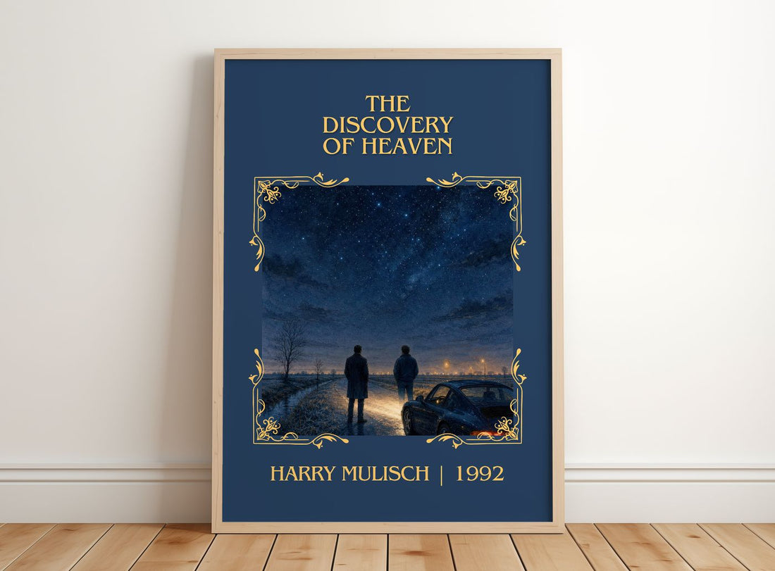 The Discovery of Heaven Classic Book Art Print by Harry Mulisch – framed print leaning on a wooden floor