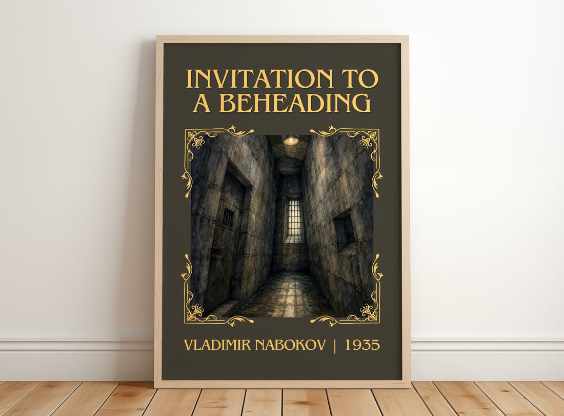 Invitation To A Beheading Classic Book Art Print by Vladimir Nabokov – framed print leaning on a wooden floor