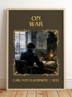 On War Classic Book Art Print by Carl Von Clausewitz – framed print leaning on a wooden floor