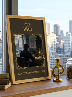 On War Classic Book Art Print by Carl Von Clausewitz – framed print on a city-view windowsill