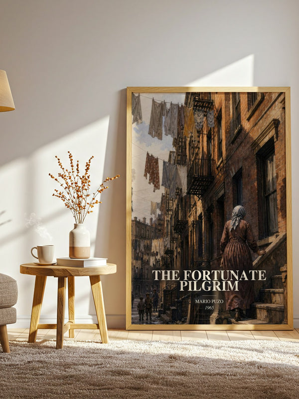 The Fortunate Pilgrim watercolour print in frame leaning in hallway – literary fiction wall art