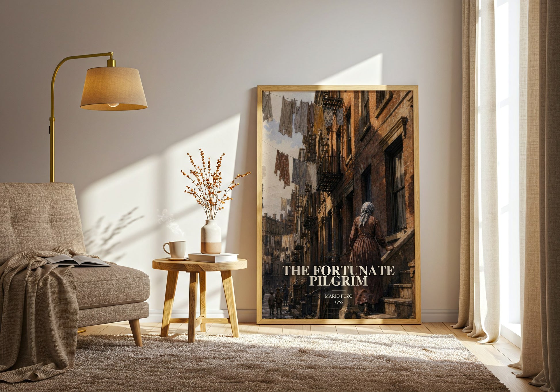 The Fortunate Pilgrim watercolour print in frame leaning in hallway – literary fiction wall art