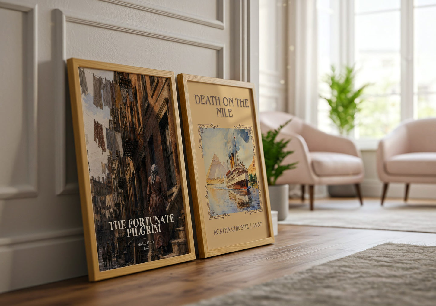 The Fortunate Pilgrim watercolour print framed by window – literary home decor
