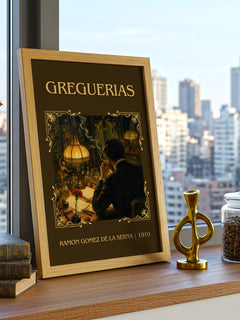 Greguerias Classic Book Art Print by Ramón Gómez de la Serna – framed print on a city-view windowsill