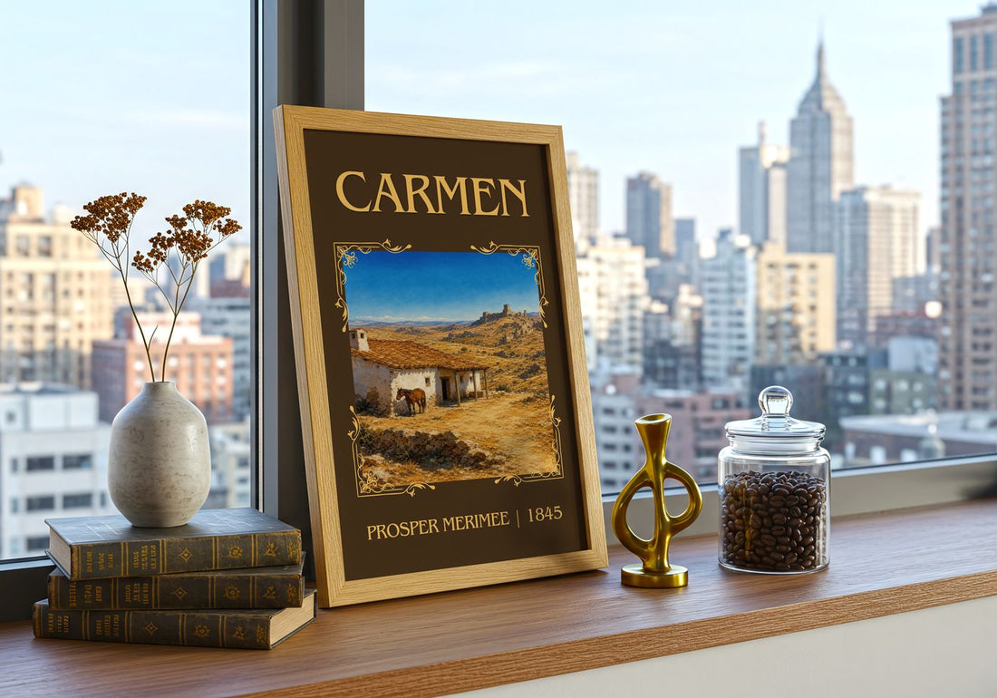 Carmen Classic Book Art Print by Prosper Mérimée – framed print on a city-view windowsill