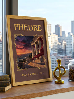 Phèdre Classic Book Art Print by Jean Racine – framed print on a city-view windowsill