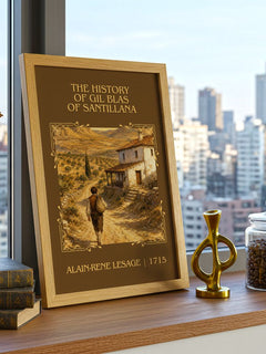 History Of Gil Blas Of Santillana Classic Book Art Print by A. Lesage – framed print on a city-view windowsill