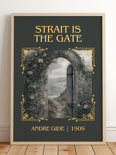 Strait is the Gate Classic Book Art Print by André Gide – framed print leaning on a wooden floor