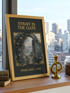 Strait is the Gate Classic Book Art Print by André Gide – framed print on a city-view windowsill