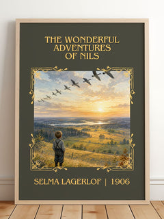 Wonderful Adventures of Nils Classic Book Art Print by Selma Lagerlöf – framed print leaning on a wooden floor