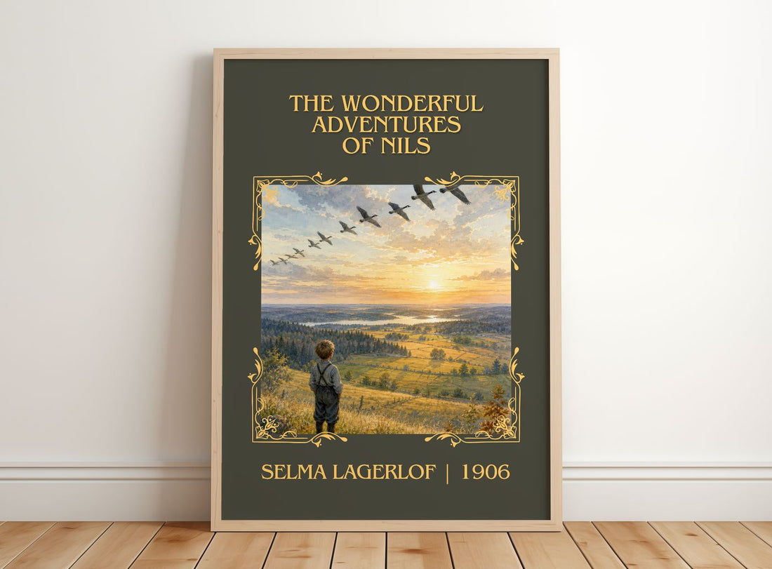 Wonderful Adventures of Nils Classic Book Art Print by Selma Lagerlöf – framed print leaning on a wooden floor