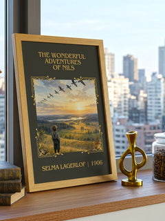 Wonderful Adventures of Nils Classic Book Art Print by Selma Lagerlöf – framed print on a city-view windowsill
