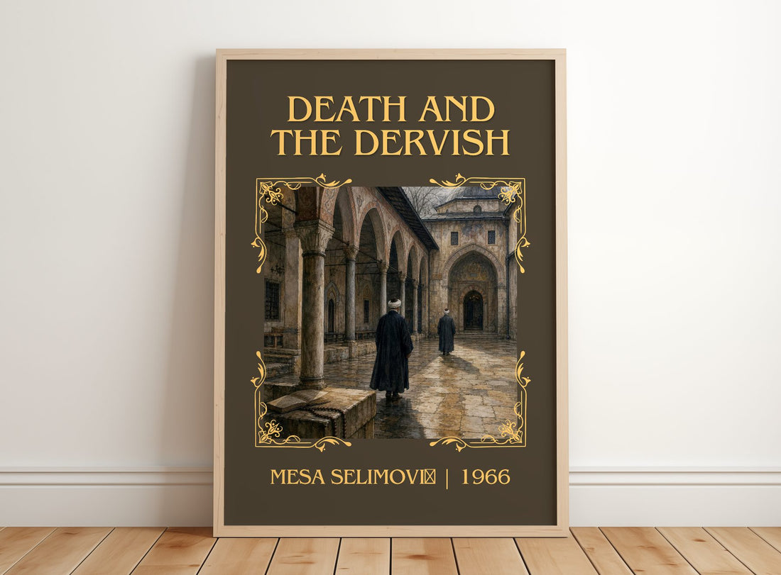 Death and the Dervish Classic Book Art Print by Meša Selimović – framed print leaning on a wooden floor