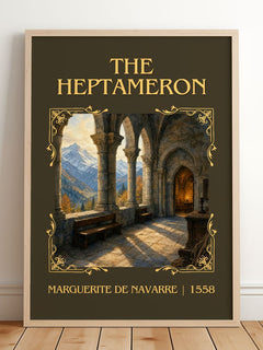 The Heptameron Classic Book Art Print by Marguerite de Navarre – framed print leaning on a wooden floor