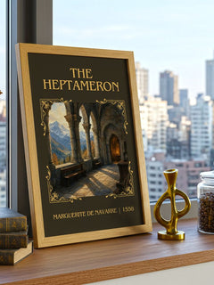 The Heptameron Classic Book Art Print by Marguerite de Navarre – framed print on a city-view windowsill