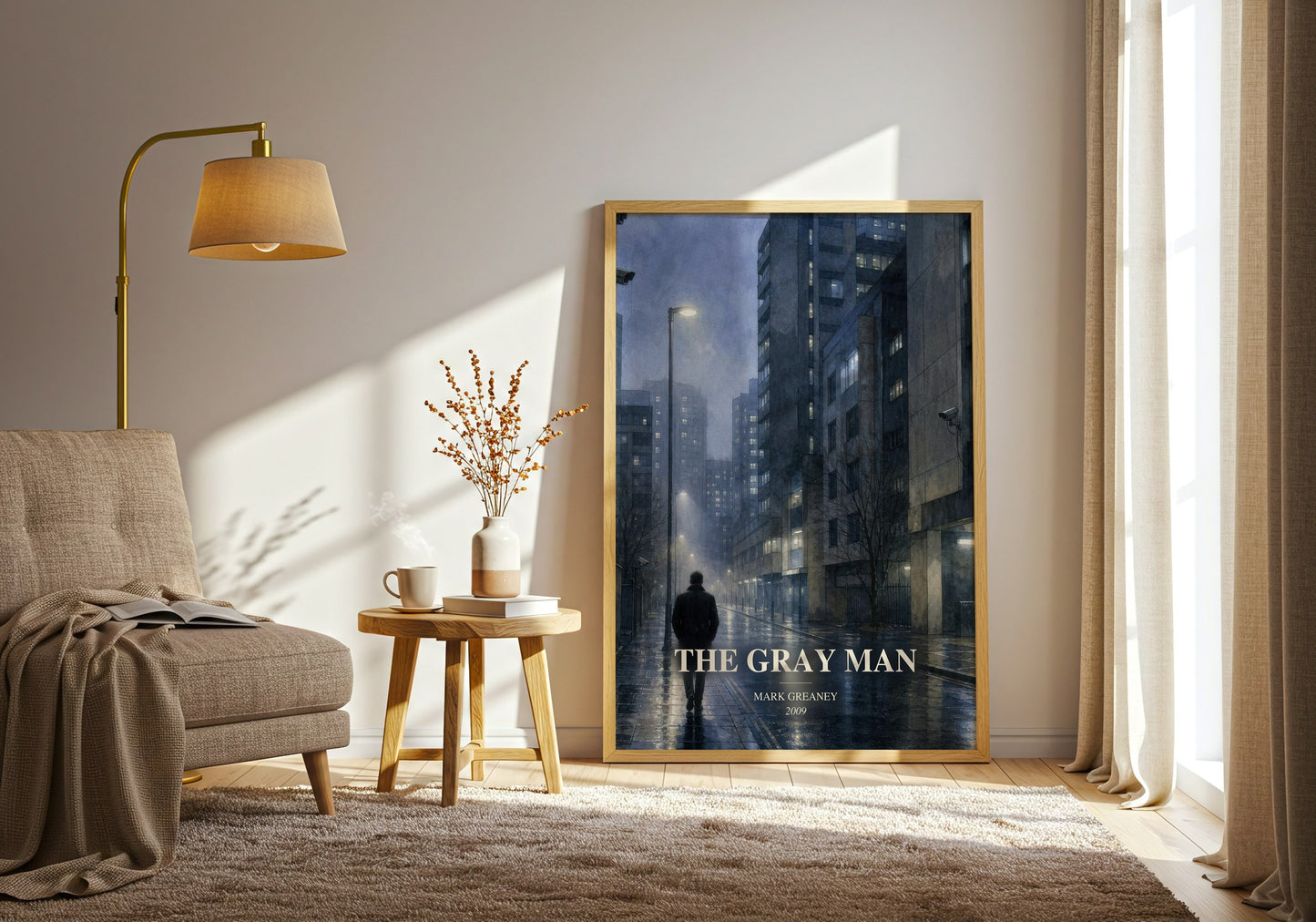 The Gray Man watercolour print in frame leaning in hallway – thriller wall art