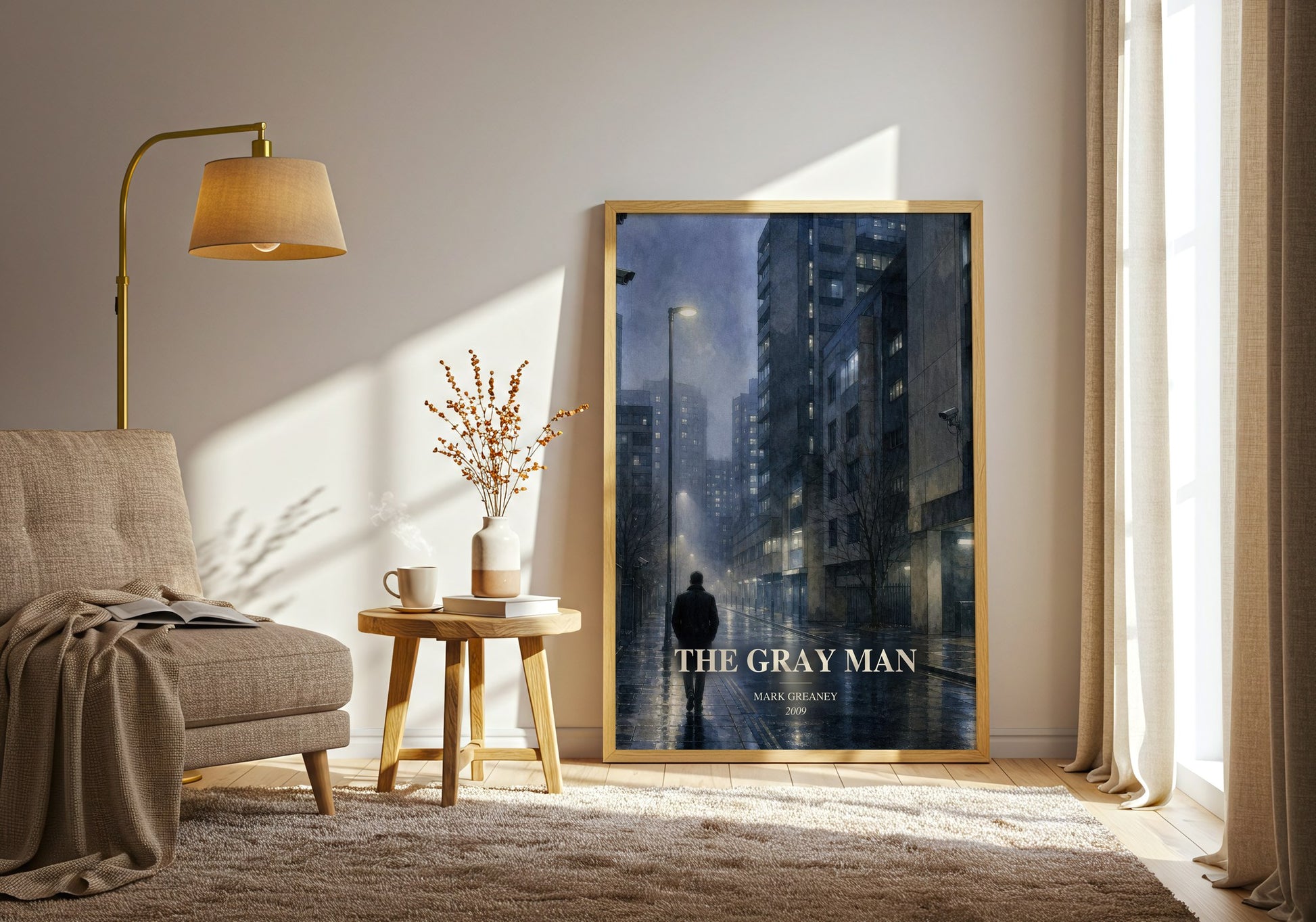 The Gray Man watercolour print in frame leaning in hallway – thriller wall art