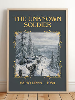The Unknown Soldier Classic Book Art Print by Väinö Linna – framed print leaning on a wooden floor
