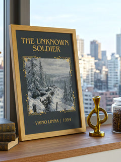 The Unknown Soldier Classic Book Art Print by Väinö Linna – framed print on a city-view windowsill