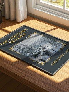 The Unknown Soldier Classic Book Art Print by Väinö Linna – print on a sunlit desk