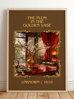 The Plum in the Golden Vase Classic Book Art Print by Unknown – framed print leaning on a wooden floor
