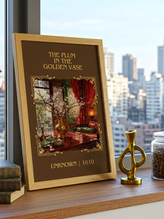 The Plum in the Golden Vase Classic Book Art Print by Unknown – framed print on a city-view windowsill