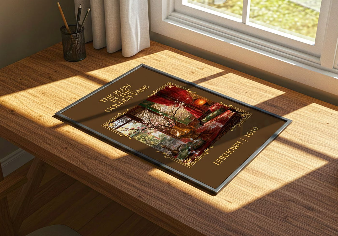 The Plum in the Golden Vase Classic Book Art Print by Unknown – print on a sunlit desk