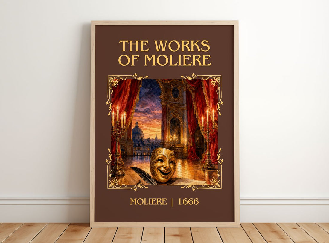 The Works of Moliere Classic Book Art Print by Molière – framed print leaning on a wooden floor