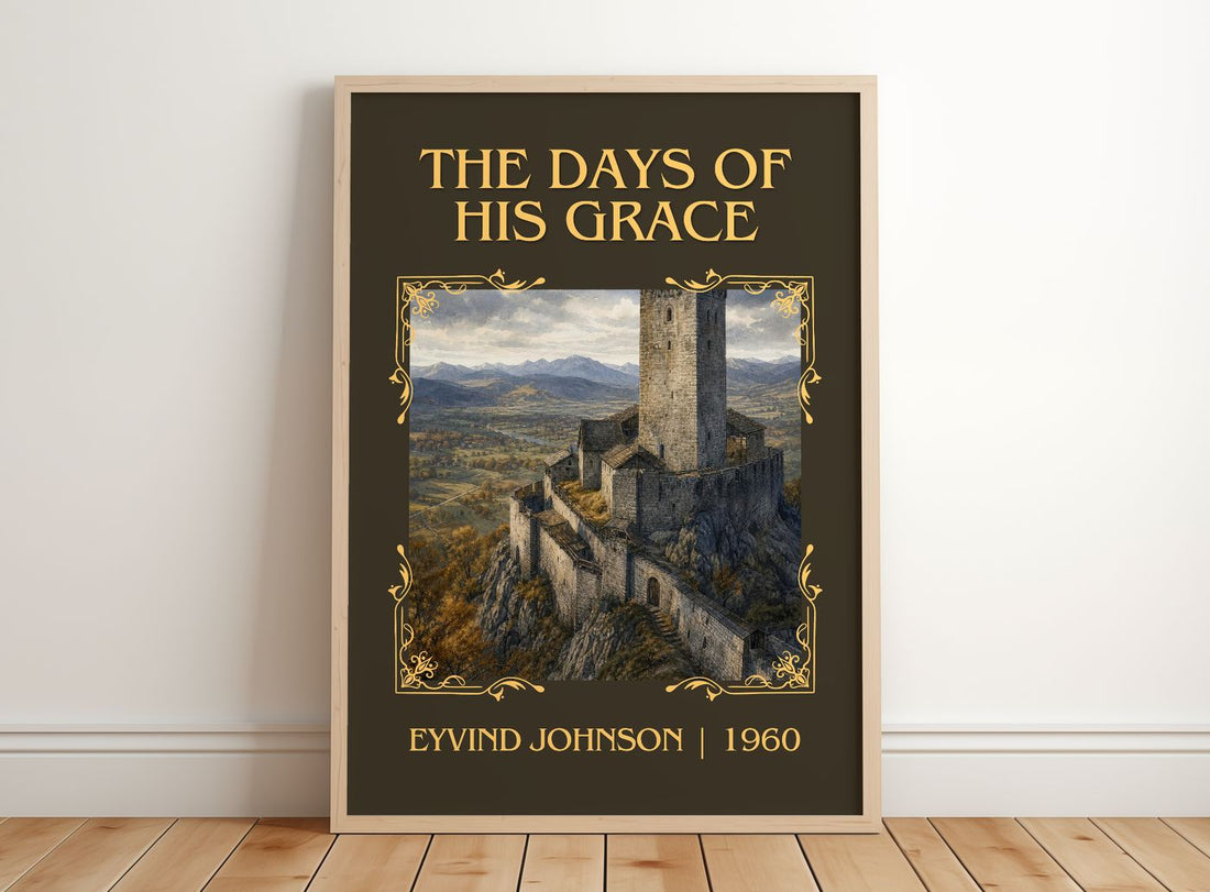 The Days of His Grace Classic Book Art Print by Eyvind Johnson – framed print leaning on a wooden floor