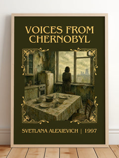 Voices from Chernobyl Classic Book Art Print by Svetlana Alexievich – framed print leaning on a wooden floor